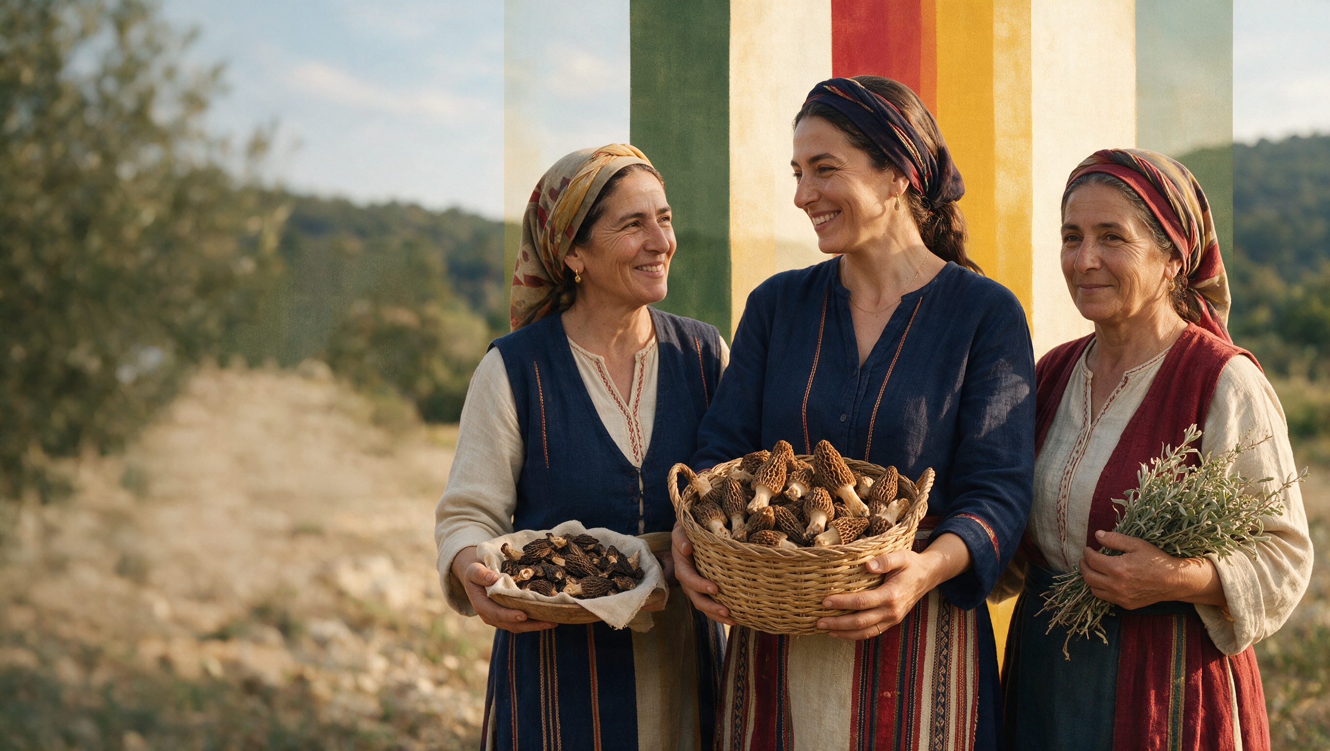 Three Anatolian foragers presenting fresh and dried wild morels near Köyceğiz.